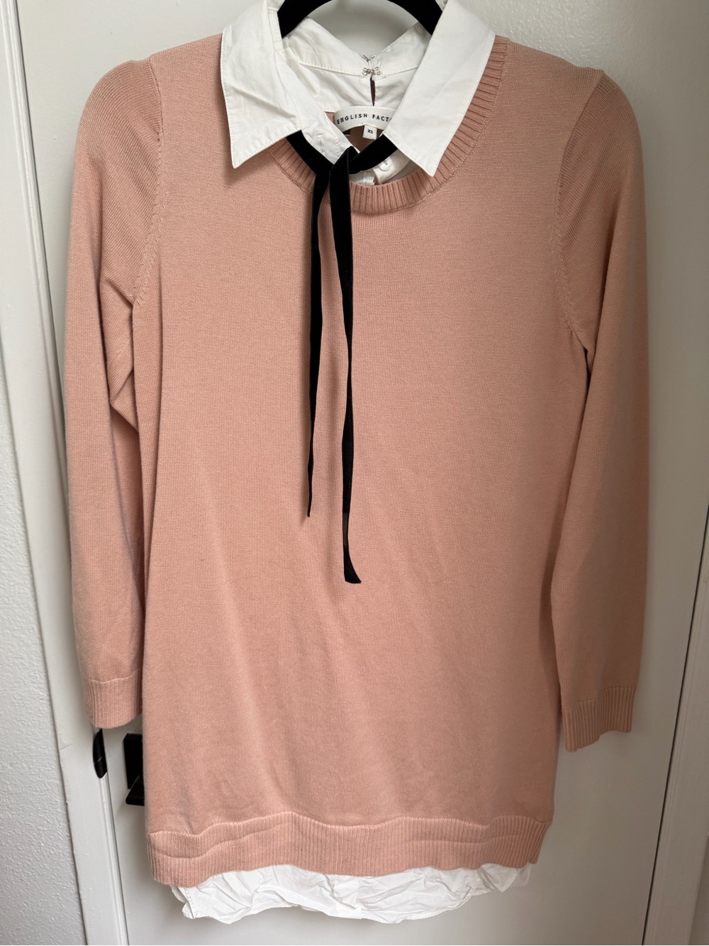 English Factory Blush Pink Sweater Dress with White Collar and Black Tie
